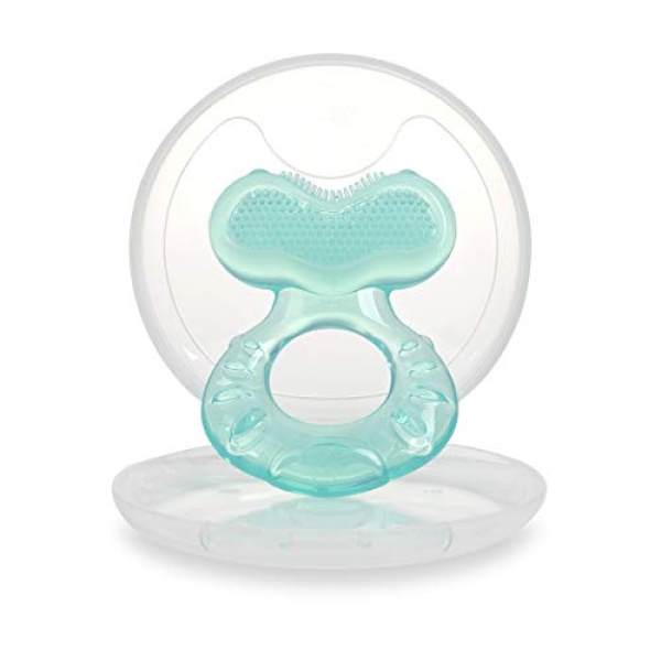 Nuby Silicone Teethe-eez Teether with Bristles, Includes Hygienic Case, Aqua