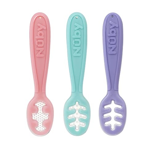 Nuby 3 Stage Baby's First Spoons with Easy Grip Handle, 3 Pack Kid's Feeding Utensil Set, 6 Months+, Girl