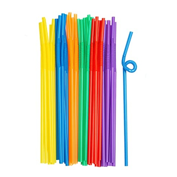 [200 Pack] Long Flexible Disposable Plastic Drinking Straws - 10.02" High - Assorted Colors