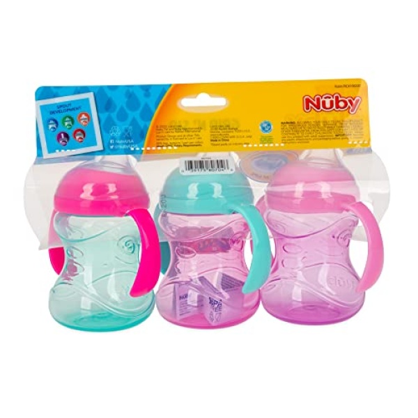 Nuby 3 Piece No-Spill Grip N’ Sip Cup with Soft Flex Spout, 2 Handle with Clik It Lock Feature, Girl,10 Ounce - Image 2