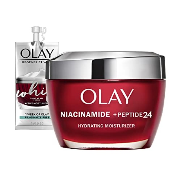 Olay Regenerist Niacinamide + Peptide 24 Hydrating Face Moisturizer with Vitamin B3 for Stronger Skin Barrier 1.7 oz, includes Whip Travel Size for Dry Skin