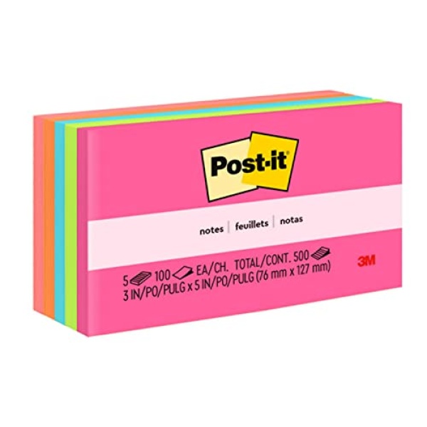 Post-it Notes, 3 in x 5 in, 5 Pads, America #1 Favorite Sticky Notes, Cape Town Collection, Bright Colors (Magenta, Pink, Blue, Green), Clean Removal, Recyclable (655-5PK)