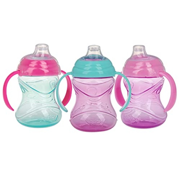 Nuby 3 Piece No-Spill Grip N’ Sip Cup with Soft Flex Spout, 2 Handle with Clik It Lock Feature, Girl,10 Ounce