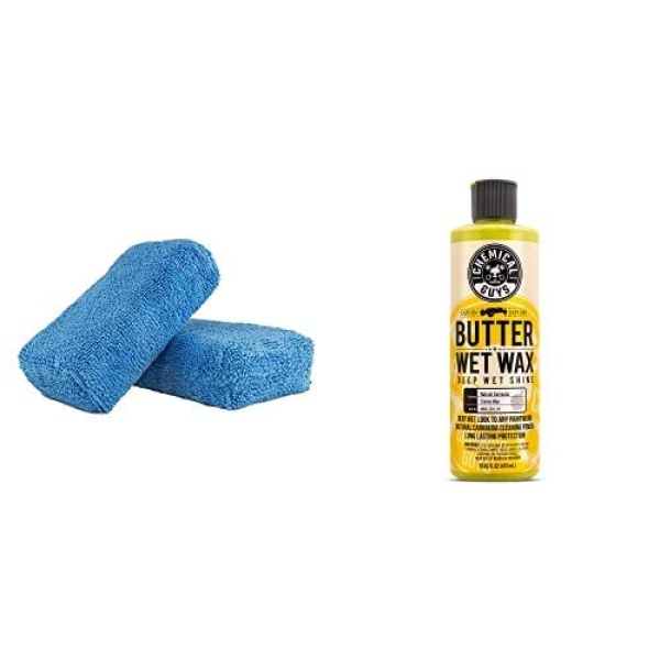 Chemical Guys MIC_292_02 Premium Grade Microfiber Applicator, Blue (Pack of 2) and Chemical Guys WAC_201_16 Butter Wet Wax (16 oz) Bundle