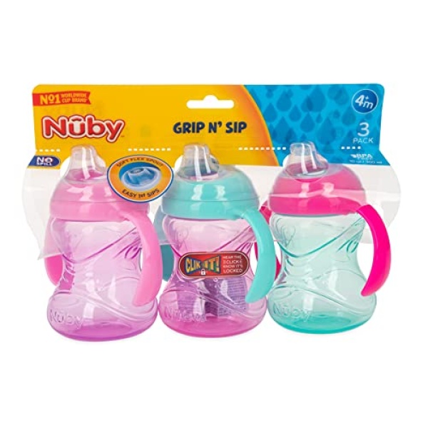 Nuby 3 Piece No-Spill Grip N’ Sip Cup with Soft Flex Spout, 2 Handle with Clik It Lock Feature, Girl,10 Ounce - Image 3