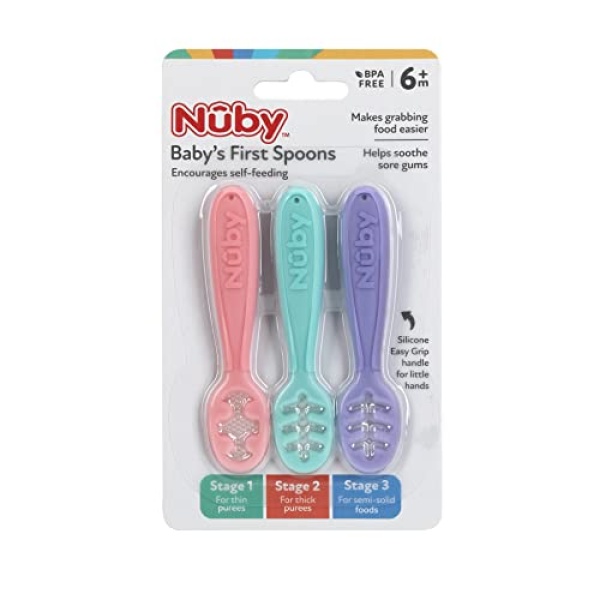 Nuby 3 Stage Baby's First Spoons with Easy Grip Handle, 3 Pack Kid's Feeding Utensil Set, 6 Months+, Girl - Image 3