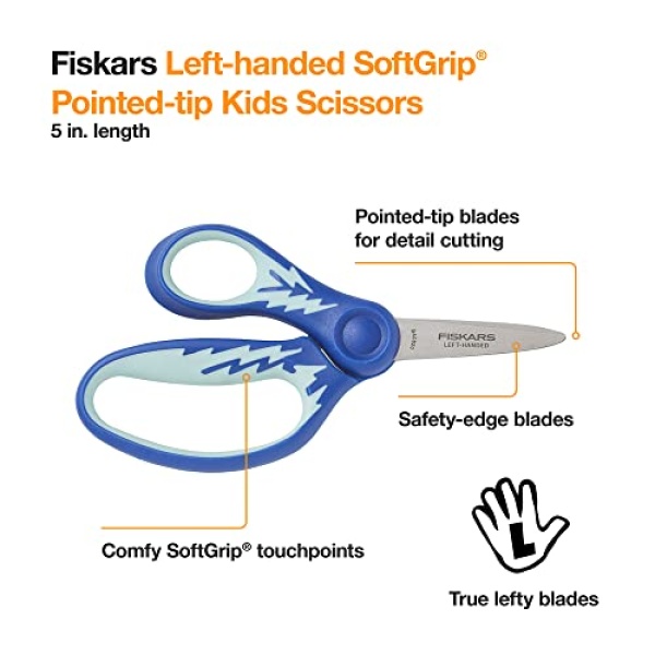 Fiskars Kids Scissors, Left Handed Scissors for Kids, Scissors for school, SoftGrip, 5 Inch, Blue Lightning - Image 8