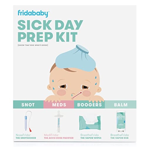 Baby Sick Day Prep Kit by FridaBaby - Includes NoseFrida Nasal Aspirator, MediFrida Pacifier Medicine Dispenser, Breathefrida Vapor Chest Rub + Snot Wipes. Soothe Stuffy Noses for Babies with A Cold