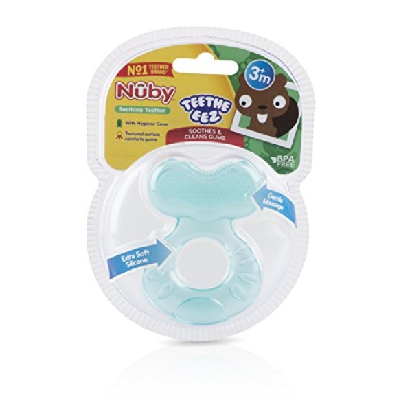 Nuby Silicone Teethe-eez Teether with Bristles, Includes Hygienic Case, Aqua - Image 3