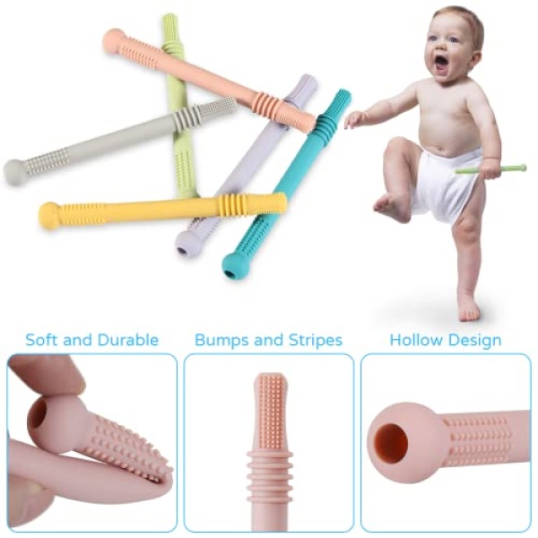 HAILI XMGQ Hollow Teething Tubes for Babies,6 Pack Chewy Straw Toy,Safe Silicone Baby Teethers Teething Toy 0-6 Months 6-12 Months - Image 4