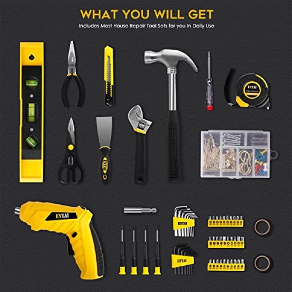 ENTAI Tool Kit for Home, Basic Tool Kit with 3.6V Cordless Screwdriver for Men Women Home and Household Repair, 176-Piece Complete Home Tool Kit for DIY, College Students, with Solid Toolbox - Image 2