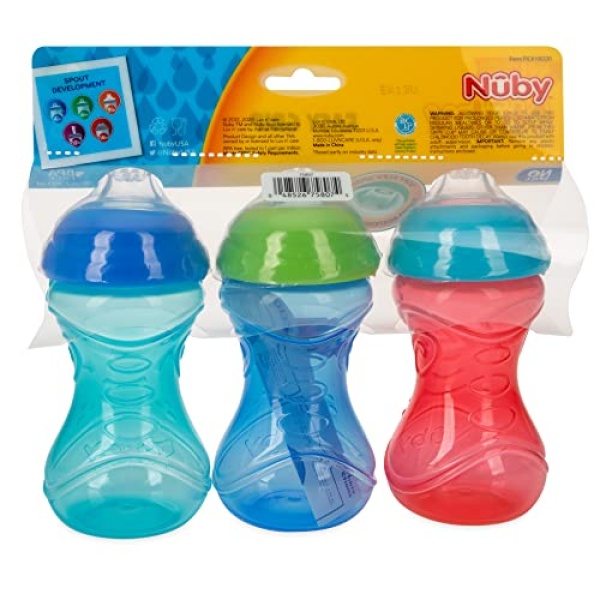 Nuby 3 Piece No-Spill Easy Grip Cup with Soft Flex Spout, Clik It Lock Feature, Boy, 10 Ounce - Image 2