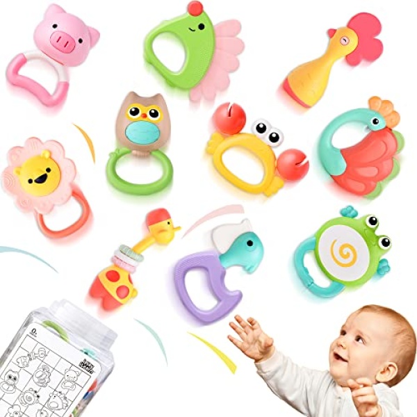 iPlay, iLearn 10pcs Baby Teething Rattle Toys, Infant Gift Set for 6-12 Month, Bulk Animal Rattles W/ Container, Newborn Sensory Early Development Toy for 0 2 3 4 5 7 8 9 10 Months Old Babies Girl Boy