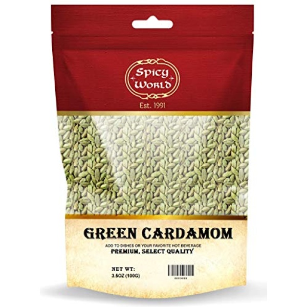 Spicy World Cardamom Pods 3.5oz (100g) - Whole Green Cardamom Pods - Natural Spice, Vegan, Large, Aromatic Cardomon- By Spicy World