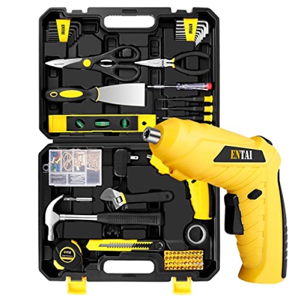 ENTAI Tool Kit for Home, Basic Tool Kit with 3.6V Cordless Screwdriver for Men Women Home and Household Repair, 176-Piece Complete Home Tool Kit for DIY, College Students, with Solid Toolbox