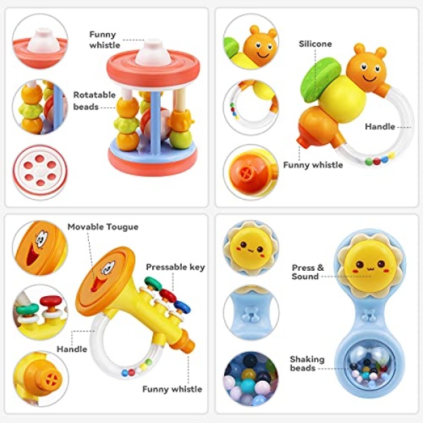 MOONTOY 12pcs Baby Rattle Toys, Infant Teether Shaker Grab and Spin Rattles Toy, Musical Toy Set, Early Educational Newborn Toys Gifts for 0, 3, 6, 9, 12 Months Infant Baby Boys Girls - Image 6