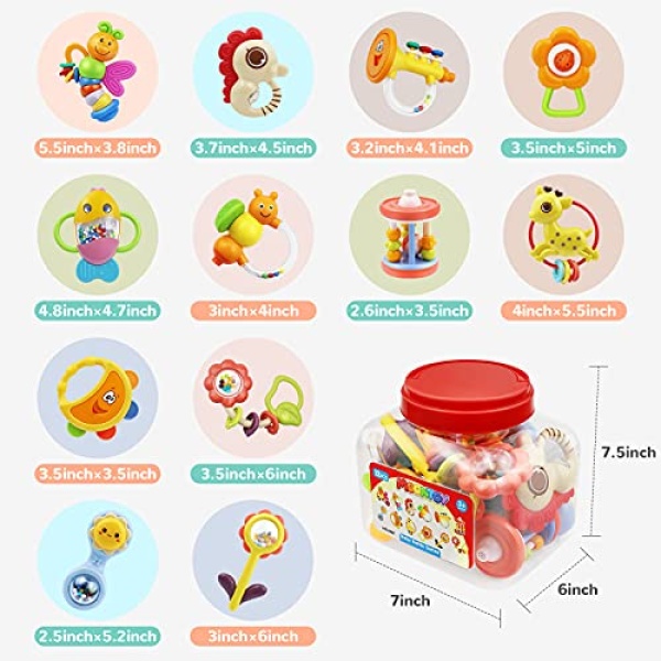 MOONTOY 12pcs Baby Rattle Toys, Infant Teether Shaker Grab and Spin Rattles Toy, Musical Toy Set, Early Educational Newborn Toys Gifts for 0, 3, 6, 9, 12 Months Infant Baby Boys Girls - Image 2