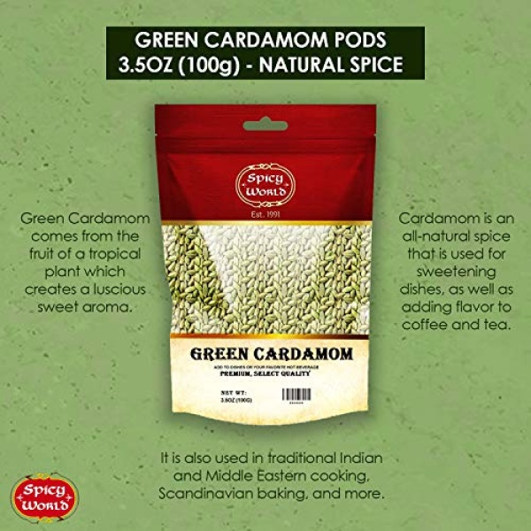 Spicy World Cardamom Pods 3.5oz (100g) - Whole Green Cardamom Pods - Natural Spice, Vegan, Large, Aromatic Cardomon- By Spicy World - Image 5