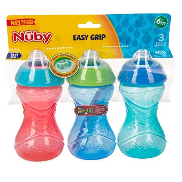 Nuby 3 Piece No-Spill Easy Grip Cup with Soft Flex Spout, Clik It Lock Feature, Boy, 10 Ounce - Image 3