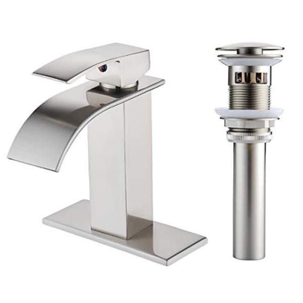 VOTON Waterfall Spout Single Handle Bathroom Faucet Brushed Nickel Commercial Modern Lavatory Tap with Pop-up Drain