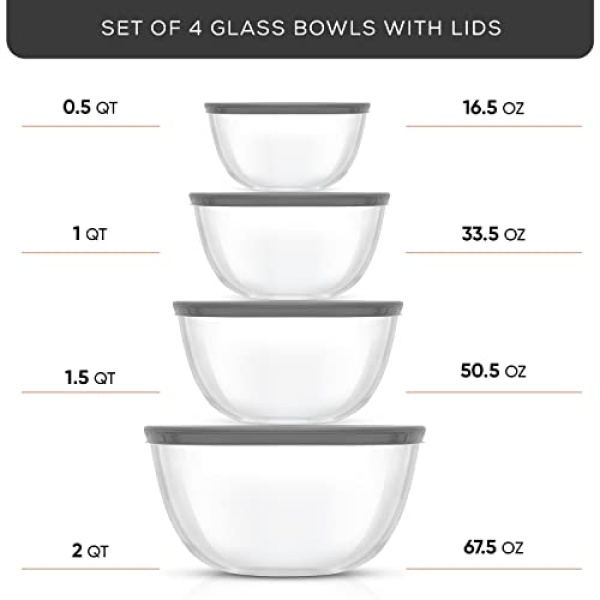 JoyJolt Kitchen Mixing Bowls - 8pc Glass Bowls with Lids Set – Neat Nesting Bowls - Large Mixing Bowl Set Batter Bowl - Cooking Bowls - Storage Bowls with Lids and Big Salad Bowl with BPA-Free Lids - Image 9