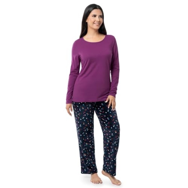 Fruit of the Loom Women's Sueded Jersey Crew Top and Fleece Pant Sleep Set, Berry/Multi Confetti