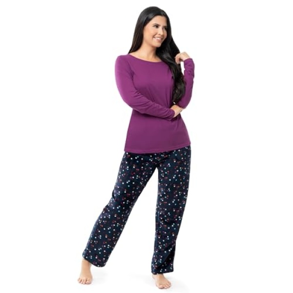 Fruit of the Loom Women's Sueded Jersey Crew Top and Fleece Pant Sleep Set, Berry/Multi Confetti - Image 3