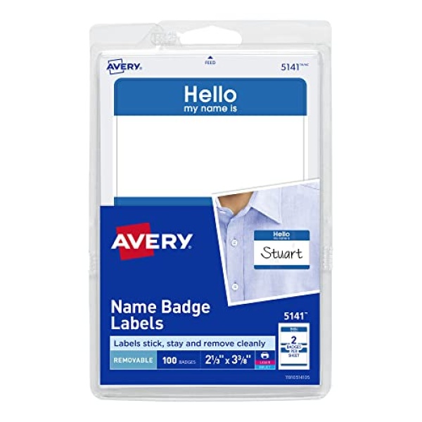 Avery Hello My Name Is Name Tags, White with Blue Border, 100 Removable Name Badges (05141)