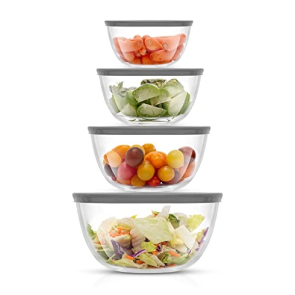 JoyJolt Kitchen Mixing Bowls - 8pc Glass Bowls with Lids Set – Neat Nesting Bowls - Large Mixing Bowl Set Batter Bowl - Cooking Bowls - Storage Bowls with Lids and Big Salad Bowl with BPA-Free Lids