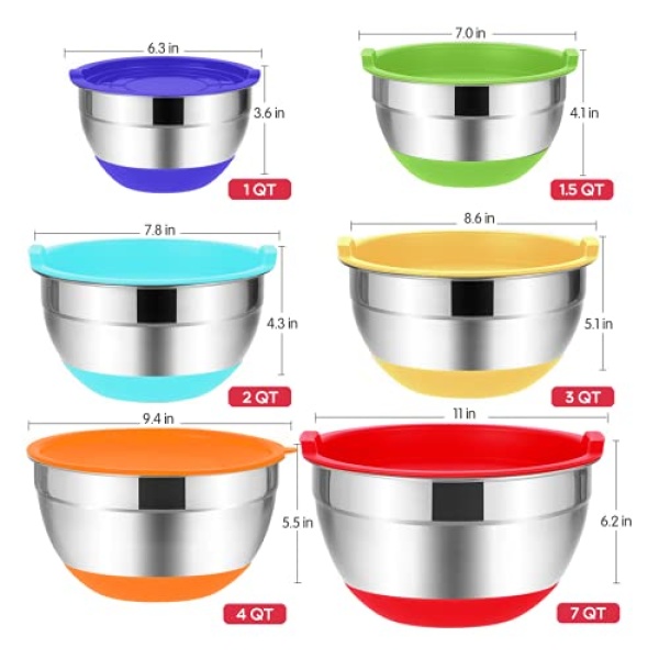 Mixing Bowls with Airtight Lids, 20PCS Stainless Steel Set, Nesting 3 Grater Attachments & Non-Slip Bottoms, Size7, 4, 3, 2, 1.5, 1QT for Baking&Prepping - Image 3