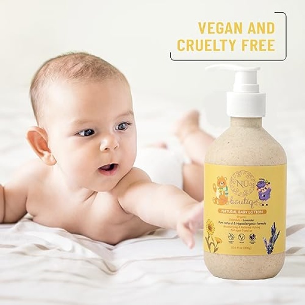 Nü Boutìq Organic Vegan Baby Lotion, Moisturizing and calming kids body lotion with Calendula & Lavender, newborns All Skin Types, New Biodegradable bottle(300g), 10.60 Fl Oz (Pack of 1) - Image 7