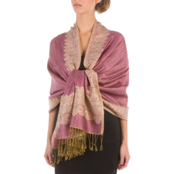 Sakkas Border Pattern Layered Reversible Woven Pashmina Shawl Scarf Wrap Stole - Mauve