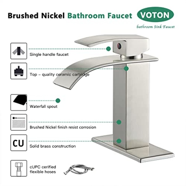 VOTON Waterfall Spout Single Handle Bathroom Faucet Brushed Nickel Commercial Modern Lavatory Tap with Pop-up Drain - Image 6