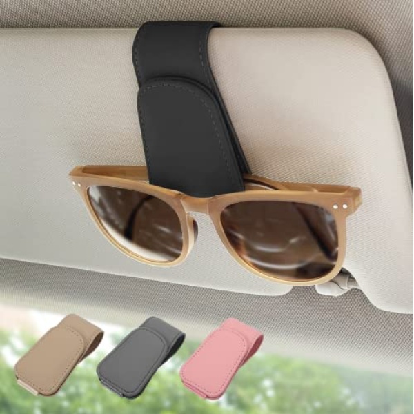 TUUFUN Magnetic Leather Sunglass Holder, Eyeglass Hanger Clip for Car Sun Visor, Suitable for Different Size Eyeglasses(Black)