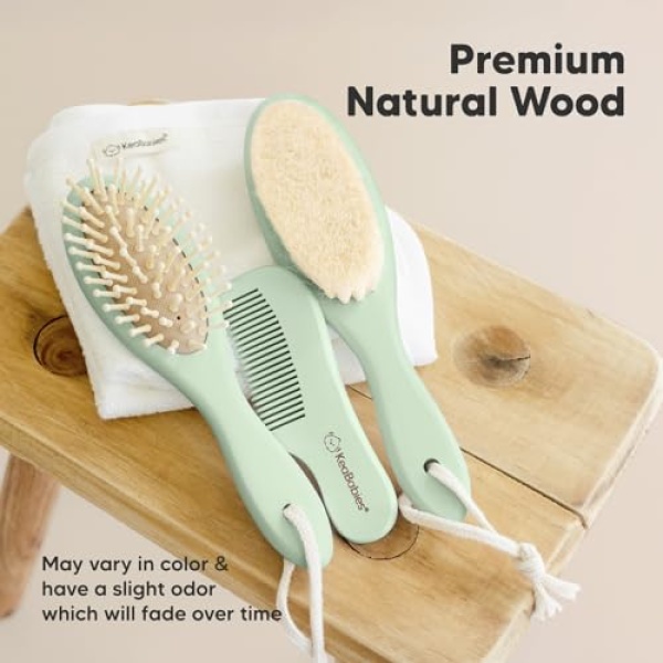 Baby Hair Brush and Comb Set for Newborn - Wooden Baby Hair Brush Set with Soft Goat Bristle, Baby Brush Set for Newborns, Baby Brush and Comb Set Girl, Boy, Toddler Cradle Cap Brush (Oval, Sage) - Image 4