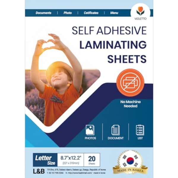 Self Stick Laminating Sheets 8.5 x 11 Inches, 4mil, Pack of 20, No Heat, No Machine, Peel and Stick Laminating Sheets, Self Adhesive Contact Paper, Self Sealing Clear Vinyl Stickers by VIOLLETO