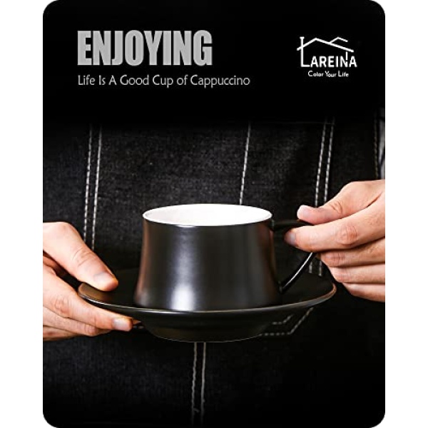 Lareina Porcelain Cappuccino Cups with Saucers, Spoons and Cup Stand - 7 Ounce Ceramic Coffee Cups for Americano, Latte, Cafe Mocha and Tea - Set of 6, Black - Image 3