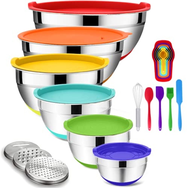 Mixing Bowls with Airtight Lids, 20PCS Stainless Steel Set, Nesting 3 Grater Attachments & Non-Slip Bottoms, Size7, 4, 3, 2, 1.5, 1QT for Baking&Prepping