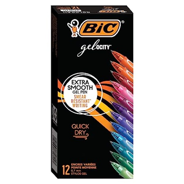 BIC Gel-ocity Quick Dry Assorted Colors Gel Pens (Colors May Vary), Medium Point (0.7mm), 12-Count Pack, Retractable Gel Pens With Comfortable Full Grip (RGLCGA11-AST)