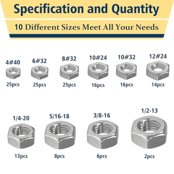 Vifmy 150pcs SAE Hex Nuts Assortment Kit,4#40 6#32 8#32 10#24 10#32 12#24 1/4-20 5/16-18 3/8-16 1/2-13 Hardware Nuts Sets,304 Stainless Steel - Image 8