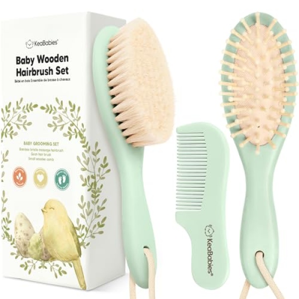 Baby Hair Brush and Comb Set for Newborn - Wooden Baby Hair Brush Set with Soft Goat Bristle, Baby Brush Set for Newborns, Baby Brush and Comb Set Girl, Boy, Toddler Cradle Cap Brush (Oval, Sage)