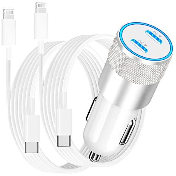 [Apple MFi Certified] iPhone Car Charger Fast Charging, Caiinei 60W Dual USB-C Power Car Charge Adapter + 2 Pack 6FT Type-C to Lightning Cable Quick Charging for iPhone 14 13 12 11 Pro/XS/XR/X/SE/iPad