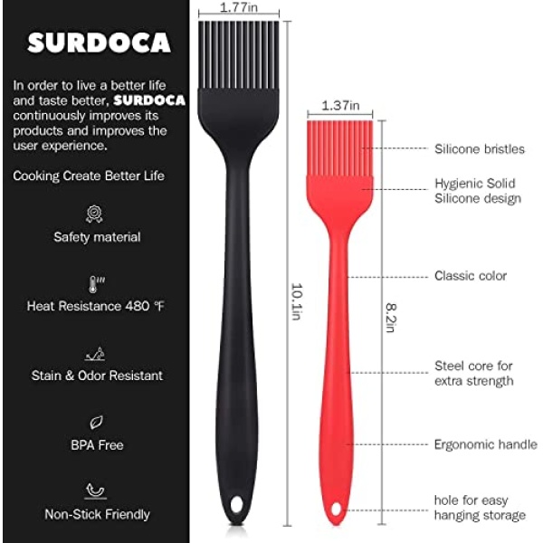 SURDOCA Silicone Pastry Basting Brush - 2Pcs 10 + 8 in Heat Resistant Brush for Baking Cooking Food, BPA Free Kitchen Brush for Sauce Butter Oil, Stainless Steel Core Design for Barbecue BBQ Grilling - Image 6