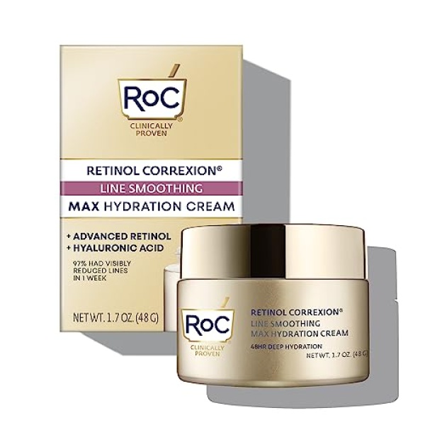 RoC Retinol Correxion Max Daily Hydration Anti-Aging Face Moisturizer with Hyaluronic Acid, Treat Fine Lines, Dark Spots, Post-Acne Scars, Oil Free, Stocking Stuffers, 1.7 Ounces (Packaging May Vary)