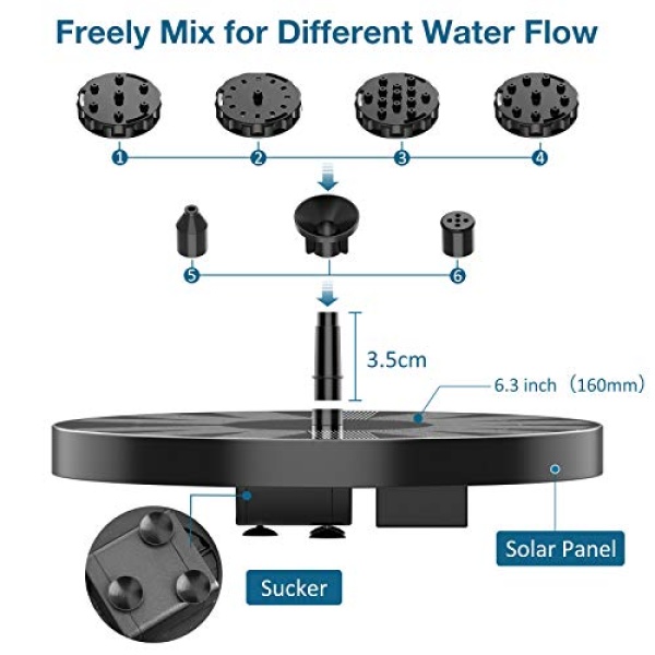 AISITIN 2.5W Solar Fountain Pump, Solar Bird Bath Fountain with 6 Nozzles, Solar Water Fountain for Bird Bath, Garden, Ponds, Pool, Fish Tank, Outdoor - Image 5