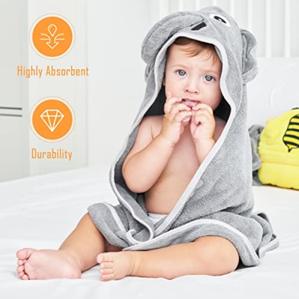 Sunny zzzZZ Baby Hooded Bath Towel and Washcloth Sets, Baby Essentials for Newborn Boy Girl, Baby Shower Towel Gifts for Infant and Toddler - 2 Towel and 8 Washcloths - Yellow Bee and Grey Elephant - Image 4