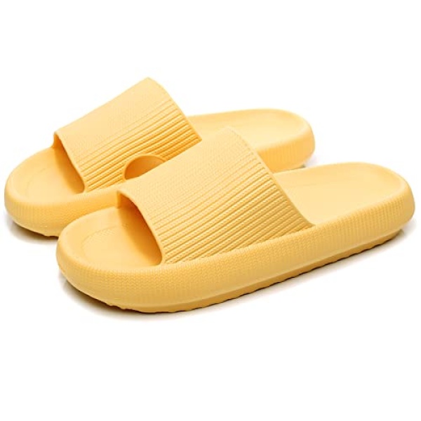 rosyclo Cloud Slippers for Women and Men, Massage Shower Bathroom Non-Slip Quick Drying Open Toe Super Soft Comfy Thick Sole Home House Cloud Cushion Slide Sandals for Indoor Outdoor Size 6 7 Yellow