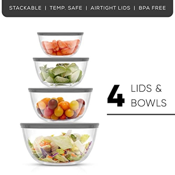 JoyJolt Kitchen Mixing Bowls - 8pc Glass Bowls with Lids Set – Neat Nesting Bowls - Large Mixing Bowl Set Batter Bowl - Cooking Bowls - Storage Bowls with Lids and Big Salad Bowl with BPA-Free Lids - Image 5