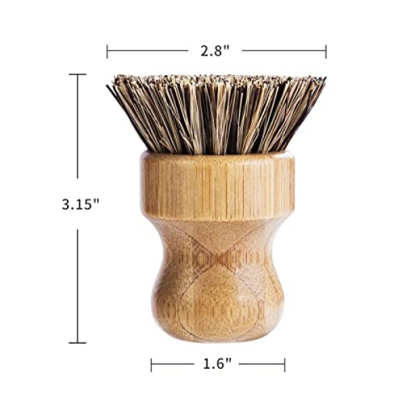 Palm Pot Brush- Bamboo Round 3 Packs Mini Dish Brush Natural Scrub Brush Durable Scrubber Cleaning Kit with Union Fiber and Tampico Fiber for Cleaning Pots, Pans and Vegetables - Image 5