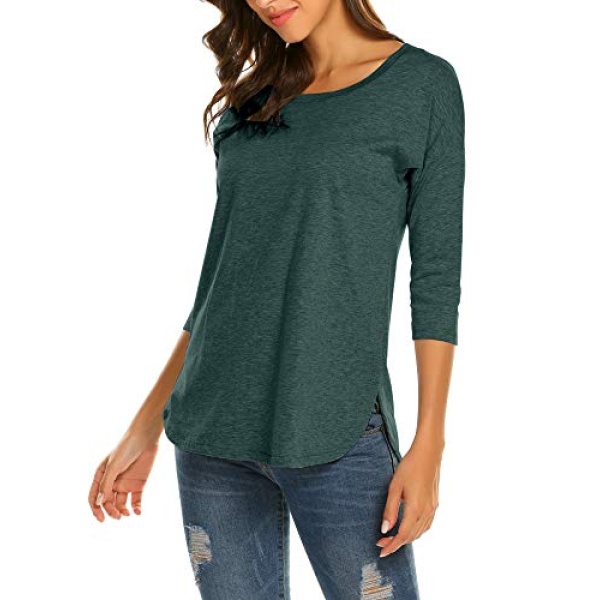 Sherosa Women's Casual 3/4 Sleeve Loose Tunic Tops Scoop Neck T-Shirt (L, Dark Green)